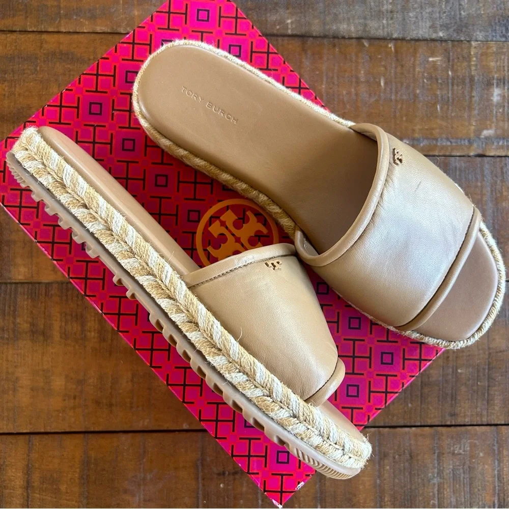 Tory Burch T Logo Leather Espadrille‎ Slide Tiramisu Size 10.5 NEW
